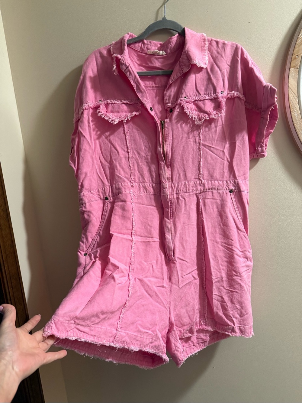 Pink Short Sleeve Cotton Romper - Casual Summer Jumpsuit